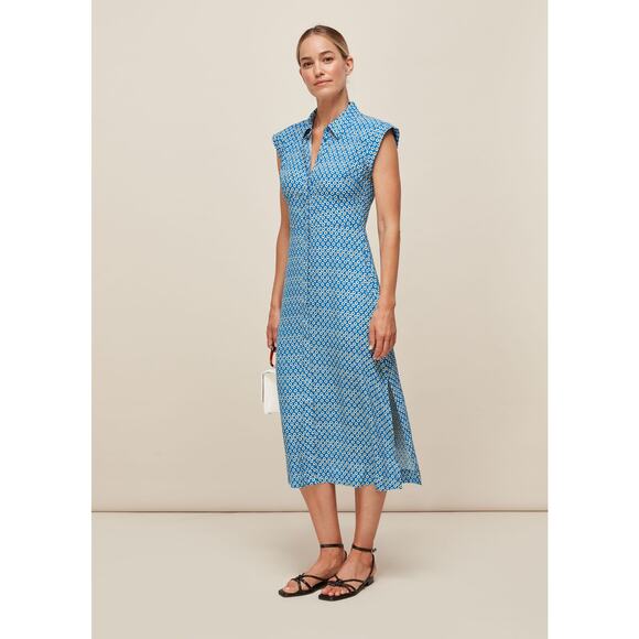 Whistles Astrix Floral Midi Dress Blue Button Front High Slit Short Sleeve Sz 12 - Picture 1 of 10